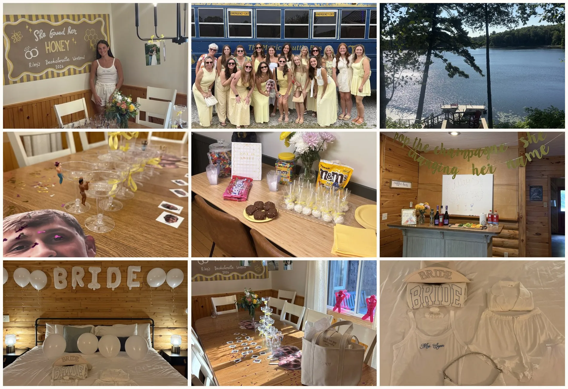 A collage from the weekend: the honey banner, the group in yellow at the party bus, the lake, the champagne tower, the sweets table, the spritz bar, the bride's room and her gifts